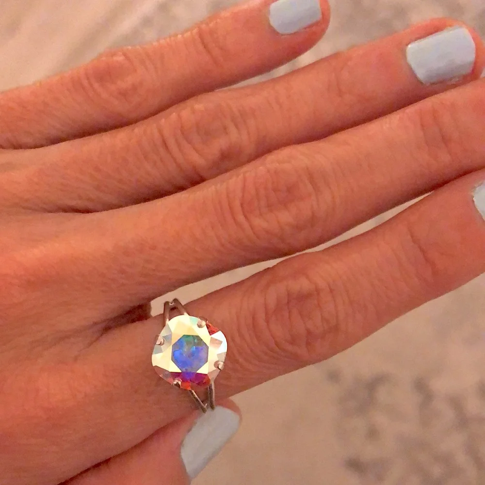 Aurora Borealis + Silver Cushion Cut Crystal Ring